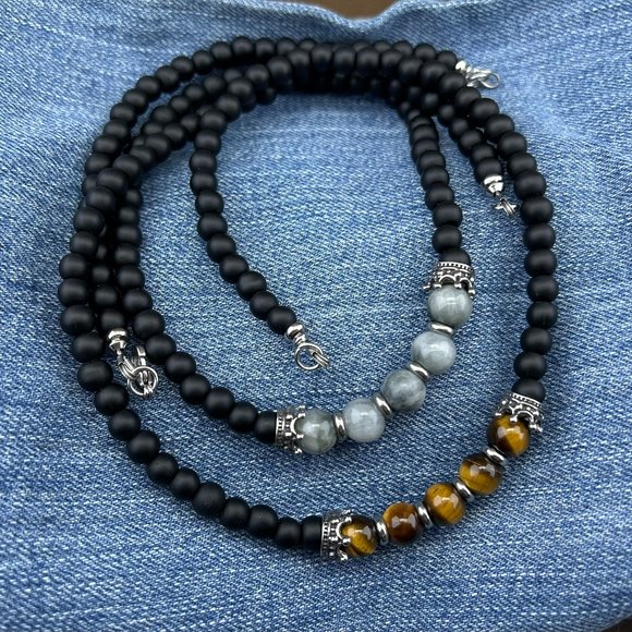 Black Matte Onyx - Tiger Eye - Hawks Eye Necklace - Healing Jewelry